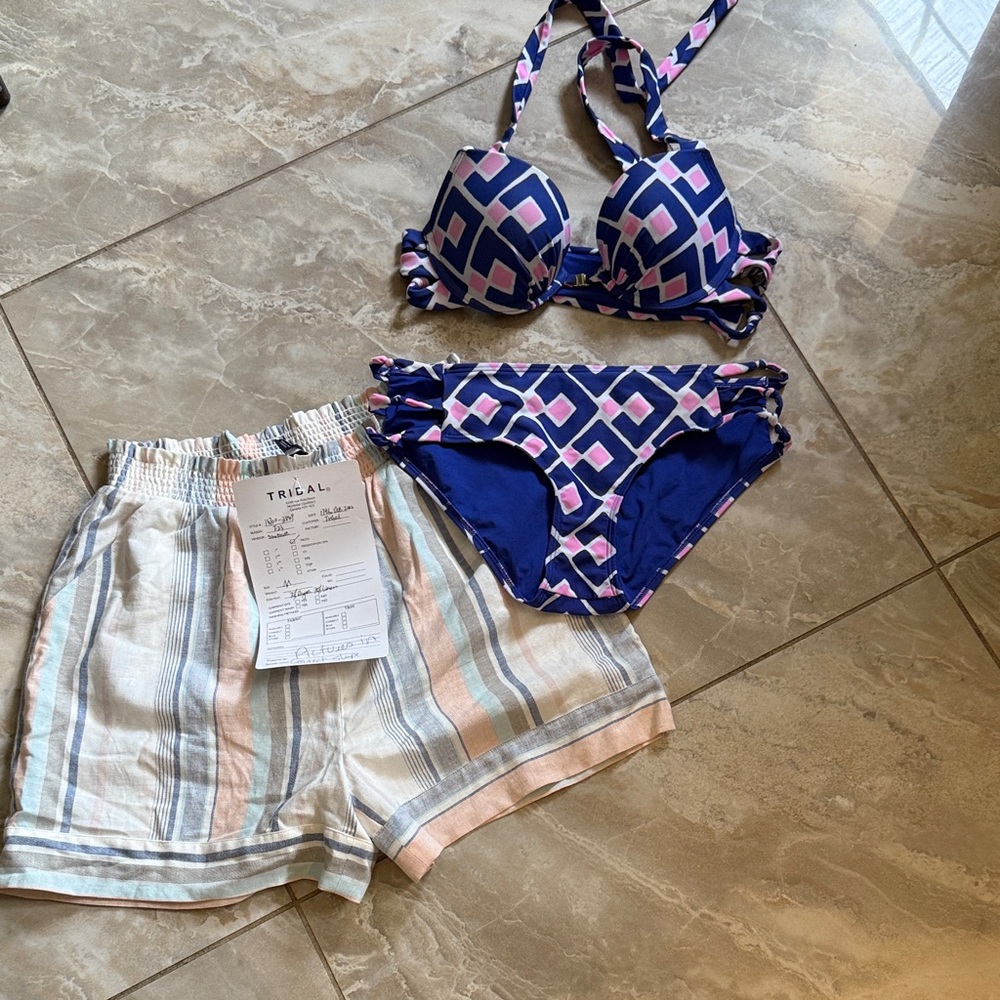Tribal Pastel Striped shorts new, and geometric print bikini sold together